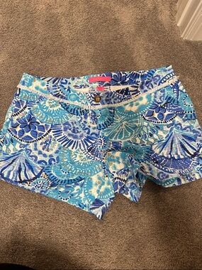Lilly Pulitzer Turquoise & Navy Floral Fringe Hem Shorts